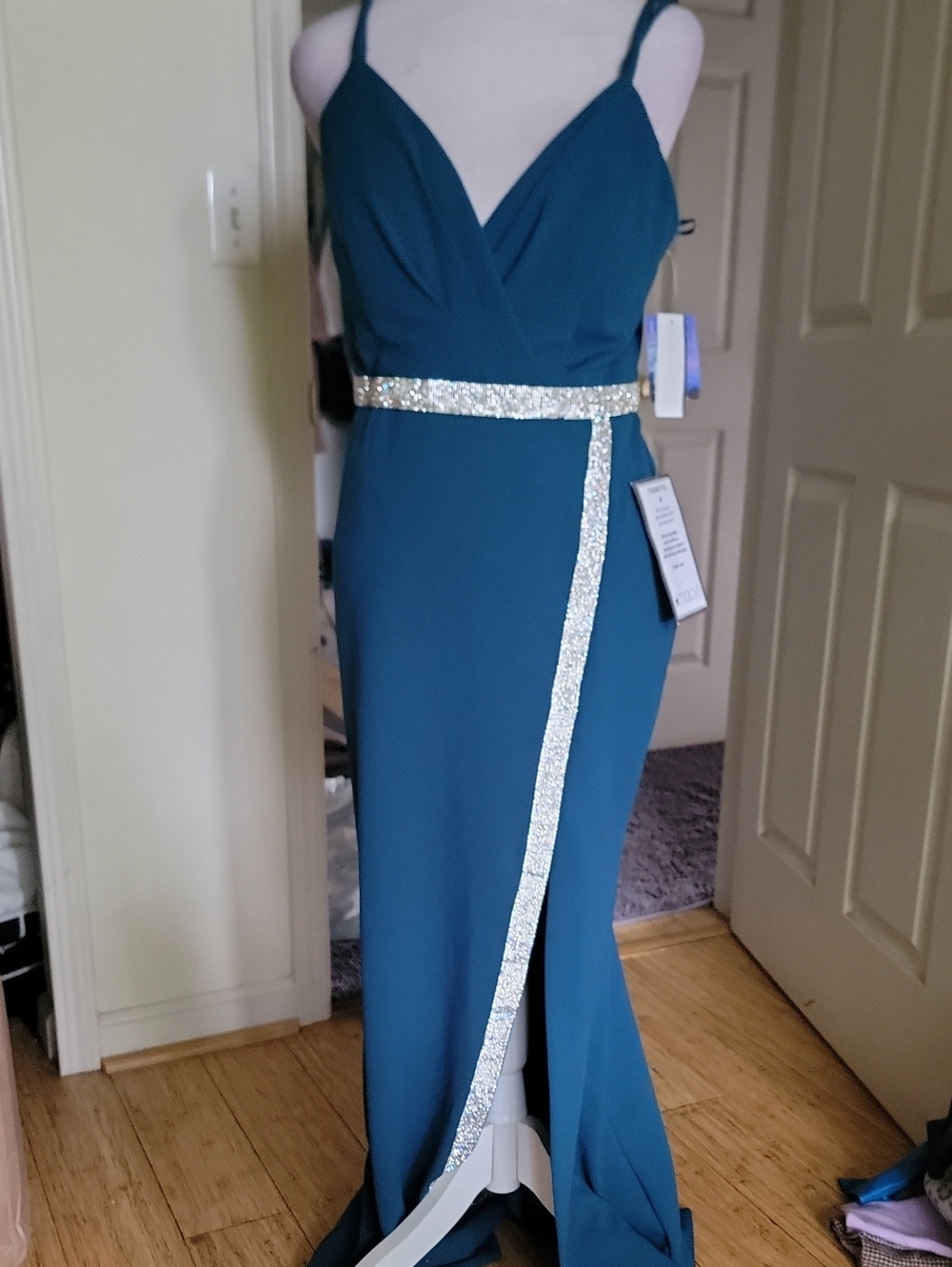Teal Evening Gown with Silver Sequin Trim